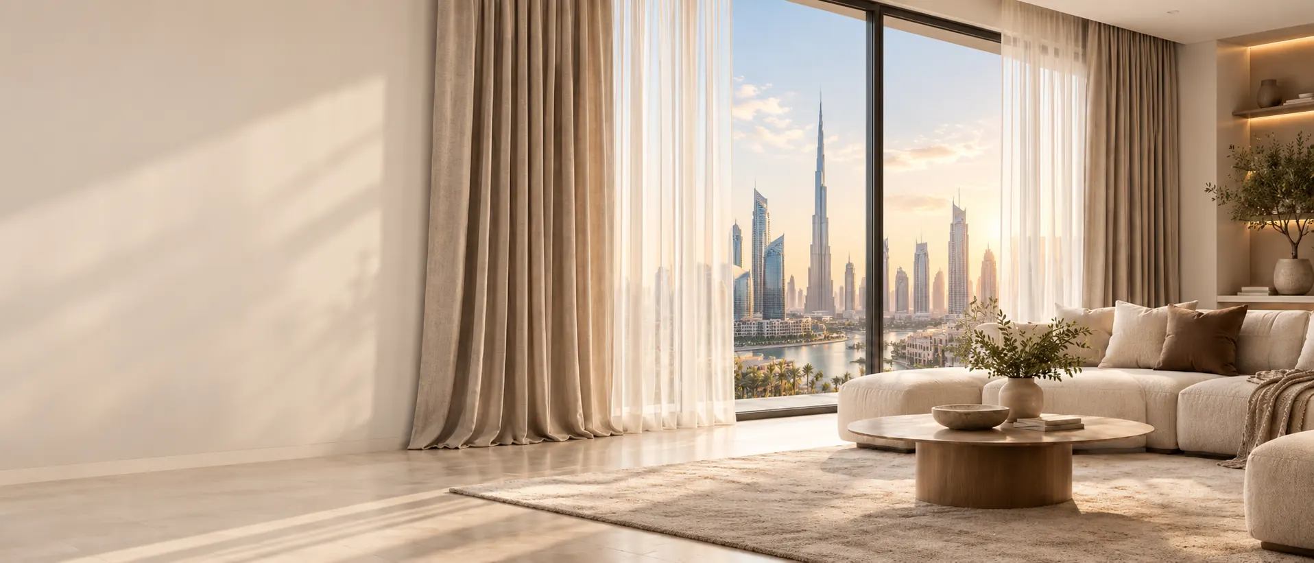 Sheer and linen curtains framing a Burj Khalifa view